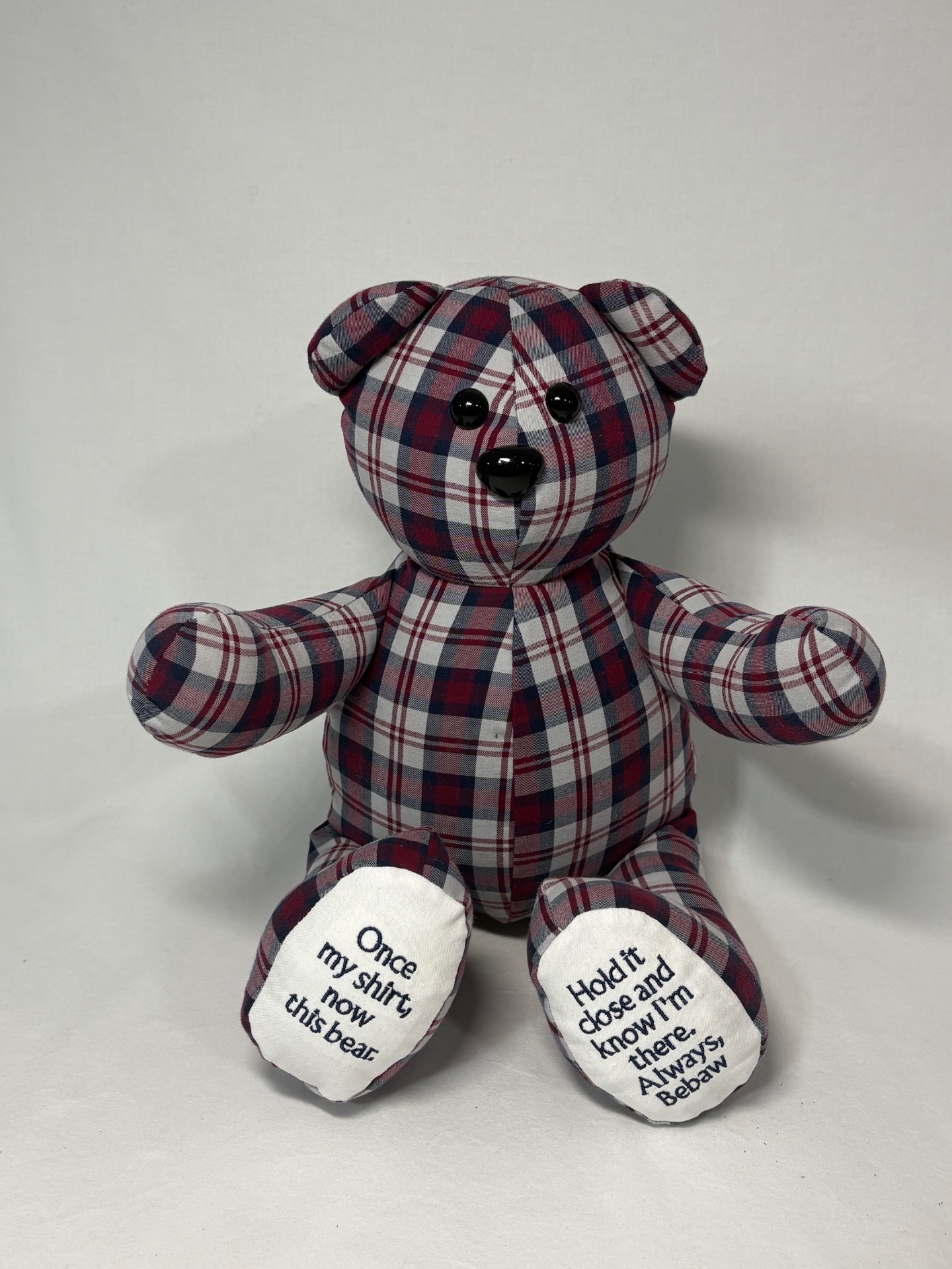 Burgundy plaid memory bear with embroidered footpads