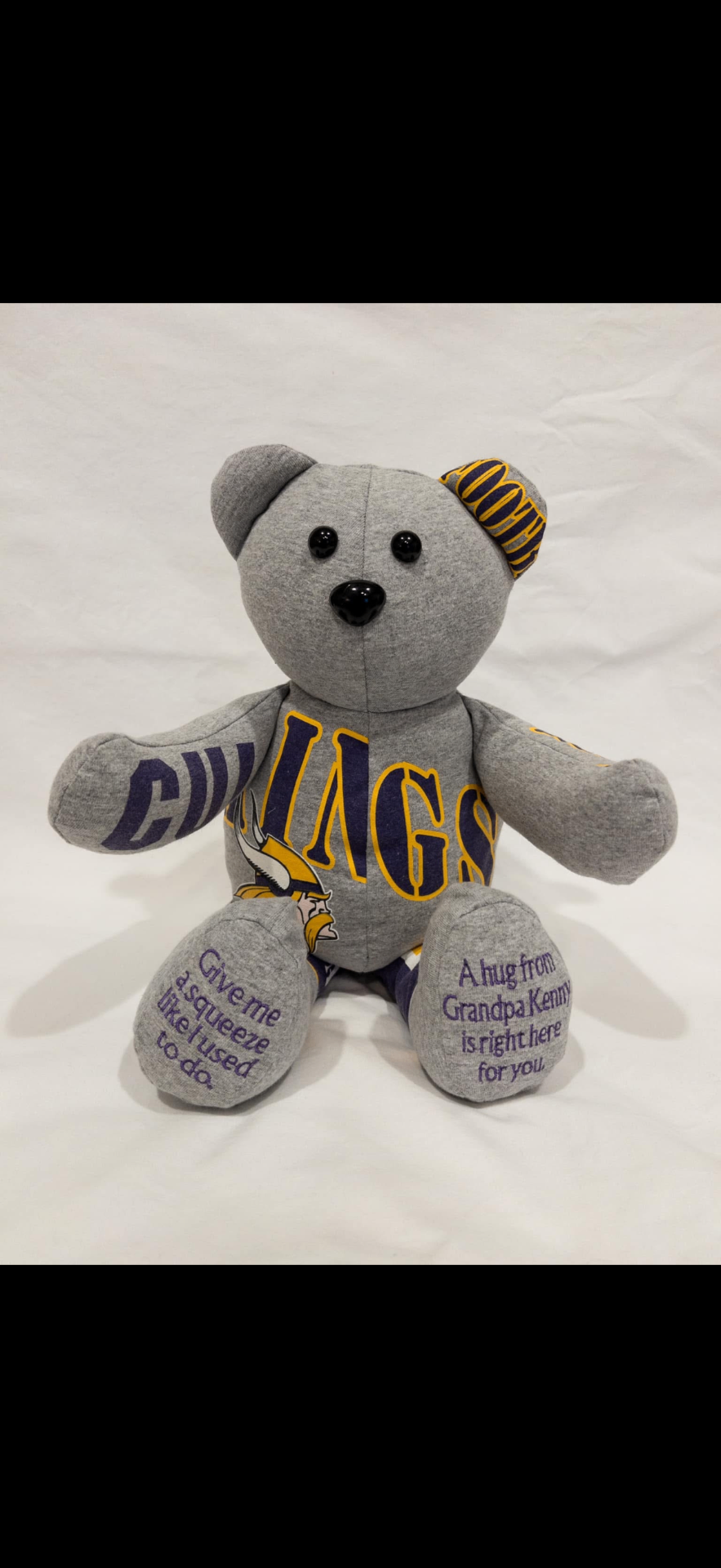 Memory teddy bear made from a blue Vikings jersey