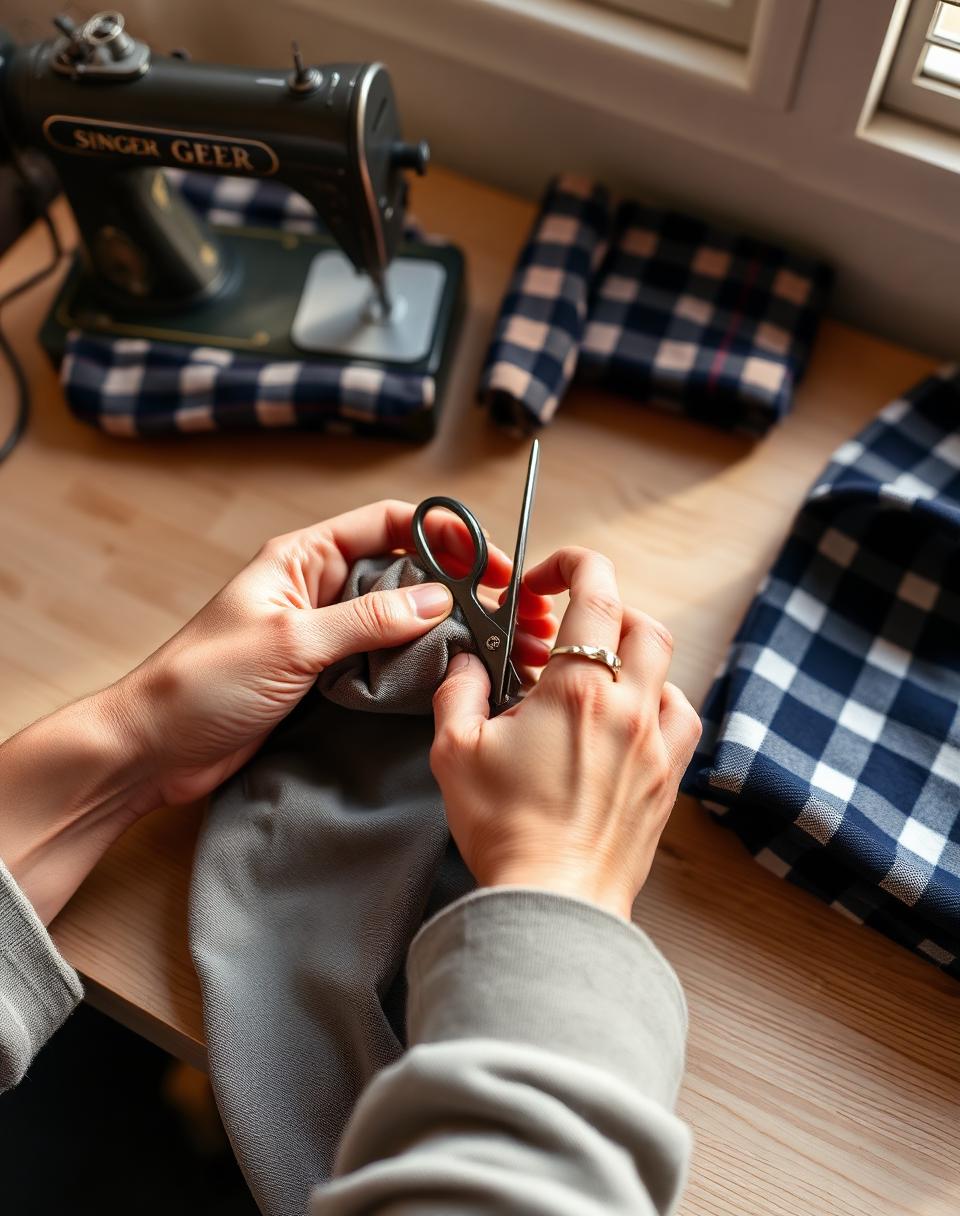 Hands cutting fabric beside a vintage sewing machine